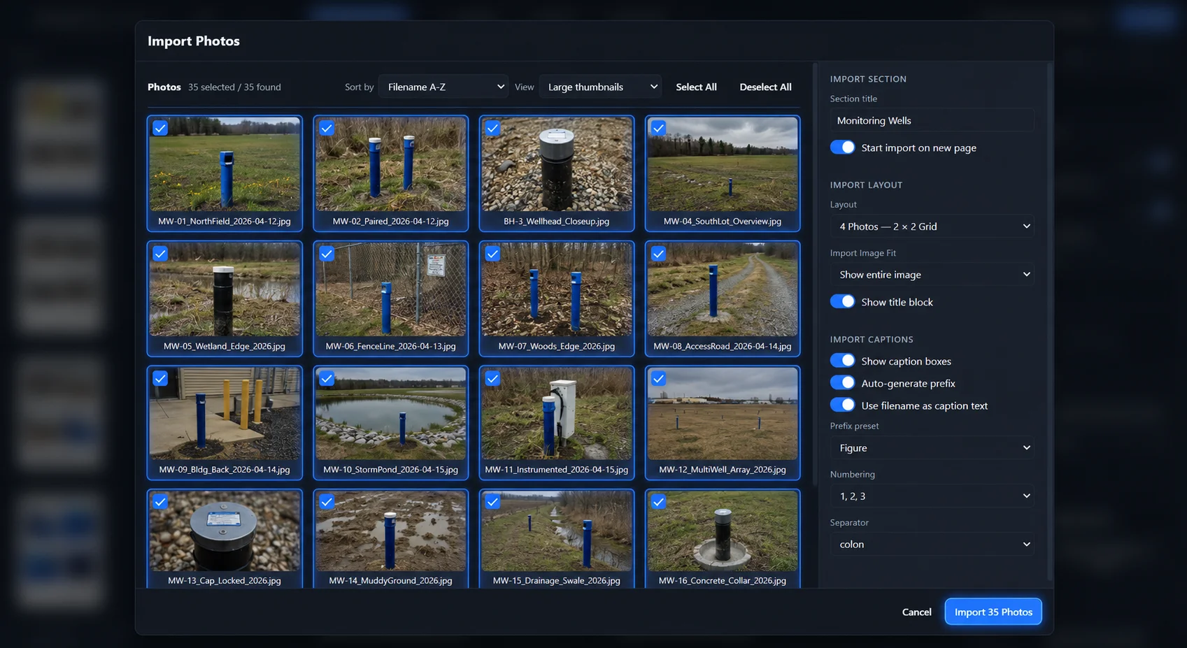 Import images window screenshot